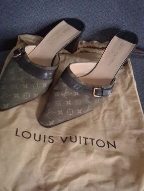 Louis Vuitton Olive Monogram Pointed Mule Heels with Buckle